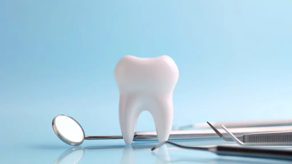 A white model tooth displayed alongside metal dental instruments, including a mouth mirror and explorer, on a light blue background