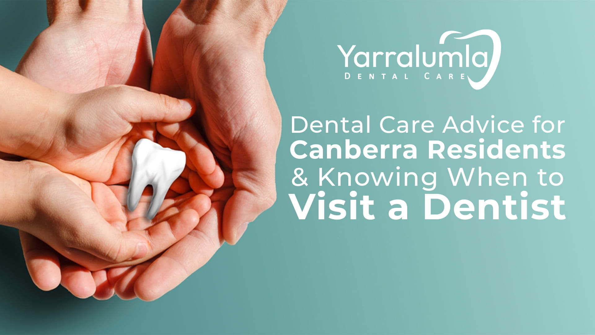 A close-up photograph showing the hands of an adult supporting the smaller hands of a child, who are both gently cupping a realistic, 3D graphic model of a white molar tooth.