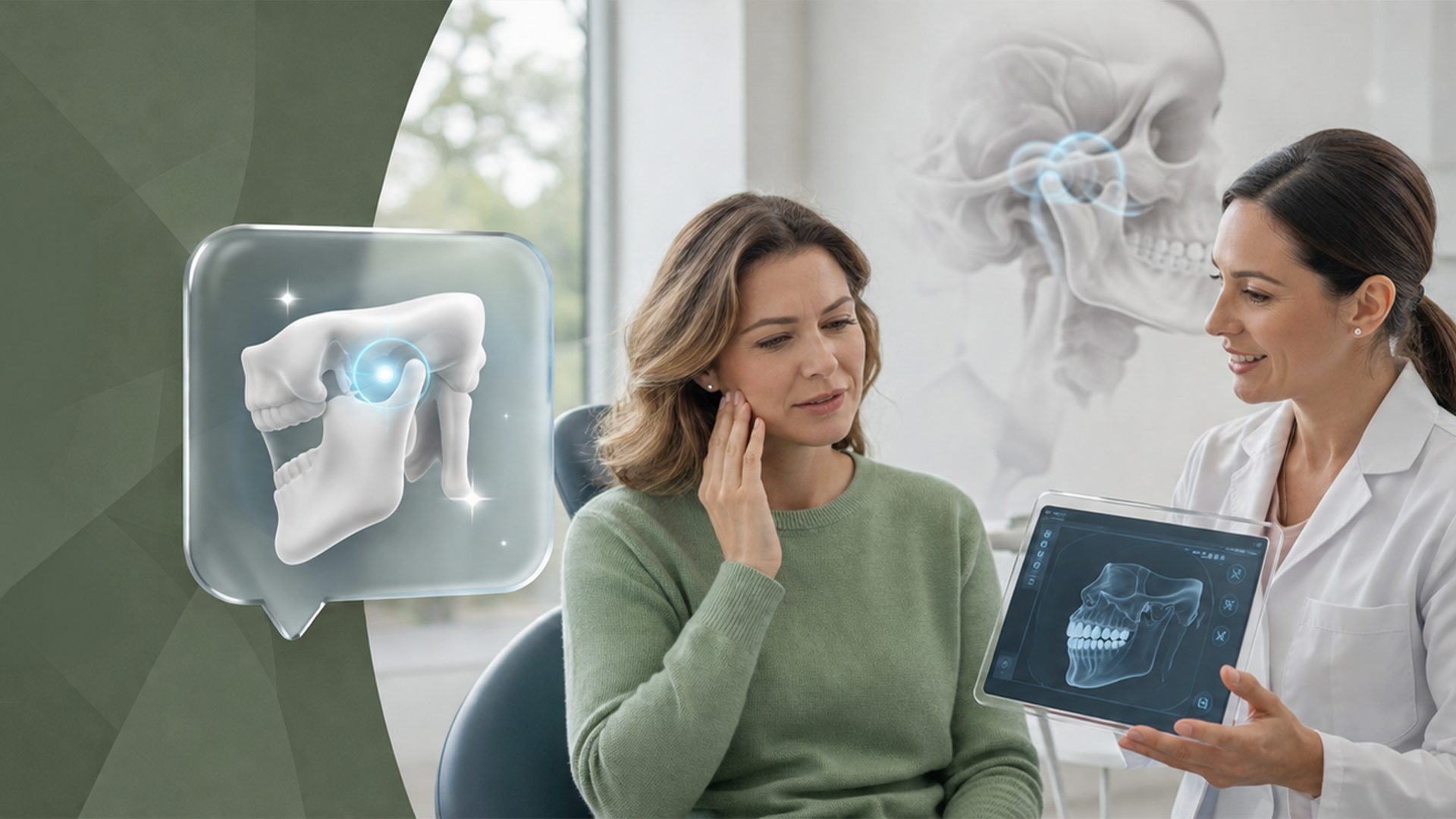 Patient experiencing jaw pain during a consultation with a dentist, alongside a 3D TMJ jaw joint illustration and a list of common TMJ symptoms including jaw pain, clicking, difficulty chewing, locking jaw, and headaches.